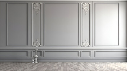 Gray wall in an empty room with gray parquet floor. Classical wall molding decoration in modern empty luxury home interior. Modern style decoration..