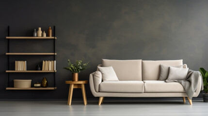 White sofa against the wall. Scandinavian modern living room interior design. Generative AI