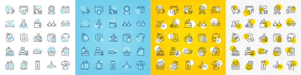 Vector icons set of Buyer, Travel delay and Wallet line icons pack for web with Discounts ribbon, Sale bags, Discounts offer outline icon. Waterproof, Sale tag, Online shopping pictogram. Vector