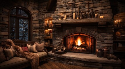 Fototapeta premium Fairytale hut with stone fireplace and cozy atmosphere. AI