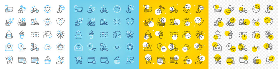 Vector icons set of Account, Discount and Electric bike line icons pack for web with Calendar, Bike, Hold heart outline icon. Heart, Fireworks explosion, Cupcake pictogram. Journey. Vector