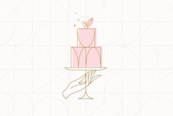 Cake stand with dessert in art deco style holding by hand drawing on beige background