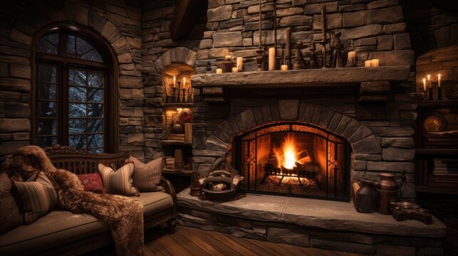 Fairytale hut with stone fireplace and cozy atmosphere. AI
