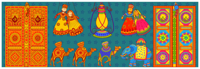 Culture of Rajasthan in Indian art style. Door drum camel in Rajasthan Style. Vector File. - obrazy, fototapety, plakaty