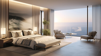 A modern hotel room in a hotel with sleek gray loft-style walls and large windows overlooking the sea.
