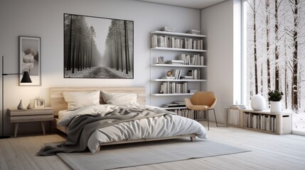 Scandinavian style interior design of modern bedroom with windows overlooking the winter forest