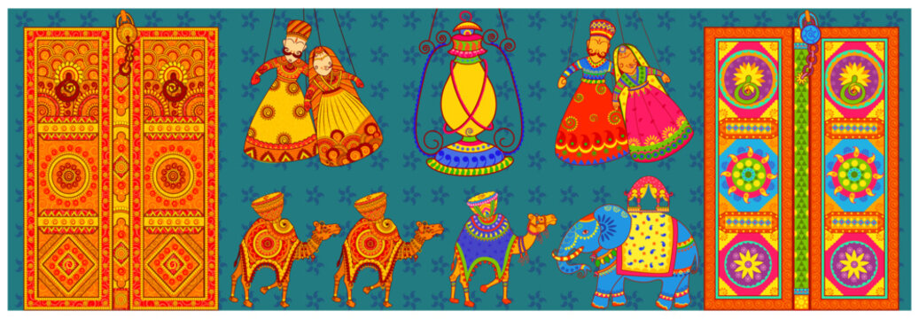 Culture of Rajasthan in Indian art style. Door drum camel in Rajasthan Style. Vector File.