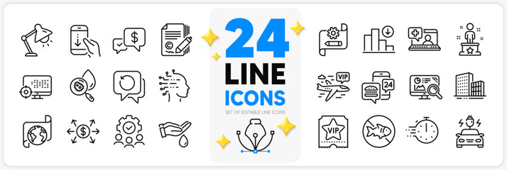 Icons set of Translation service, Stop fishing and Seo line icons pack for app with Recovery data, Copywriting, Artificial intelligence thin outline icon. Car charging. Design with 3d stars. Vector