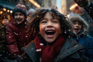 Fototapeta na wymiar Small happy children having fun together in the street on winter holidays