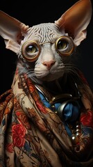 A cat wearing glasses and a scarf Sphynx cat character.