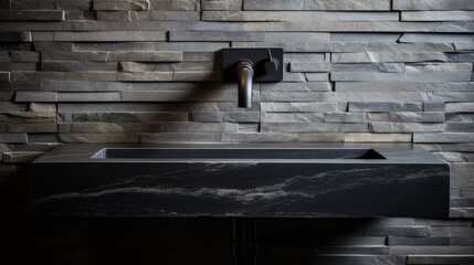 Stylish black marble sink and wall mounted faucet on stone wall. Interior design. AI