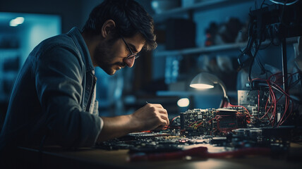 young male mechanic working on a repair machine in workshop, service concept