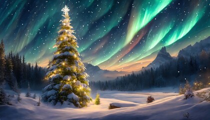 Christmas tree northern light snow New Year background. Winter starry sky landscape. Magical fairy scenery.