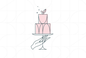 Cake stand with dessert in art deco style holding by hand drawing on white background