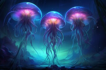 Fototapeta na wymiar Luminescent jellyfish guardians, illuminating the depths of the ocean with their glow - Generative AI