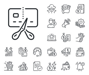 Cut credit card sign. Cash money, loan and mortgage outline icons. Bankrupt line icon. Bank card with scissors symbol. Bankrupt line sign. Credit card, crypto wallet icon. Vector