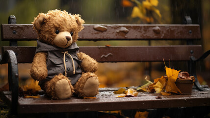 teddy bear sitting on a bench in the fall park.