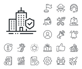 Risk coverage sign. Salaryman, gender equality and alert bell outline icons. Apartment insurance hand line icon. Building protection symbol. Apartment insurance line sign. Vector