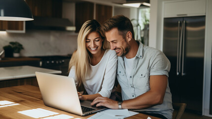 smiling couple working on laptop while sitting at home