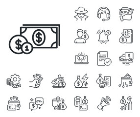 Banking currency sign. Cash money, loan and mortgage outline icons. Cash money with Coins line icon. Dollar or USD symbol. Dollar money line sign. Credit card, crypto wallet icon. Vector