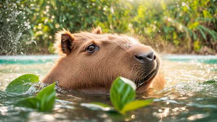 cute capybara bathes in the water