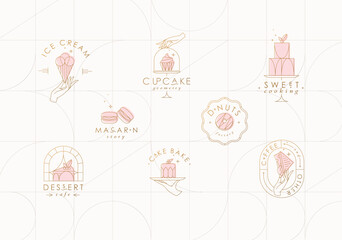 Bakery dessert labels with lettering in art deco style drawing on beige background