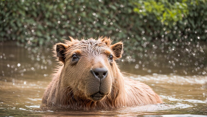 cute capybara bathes in the water