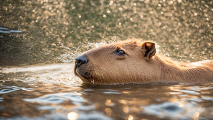 cute capybara bathes in the water