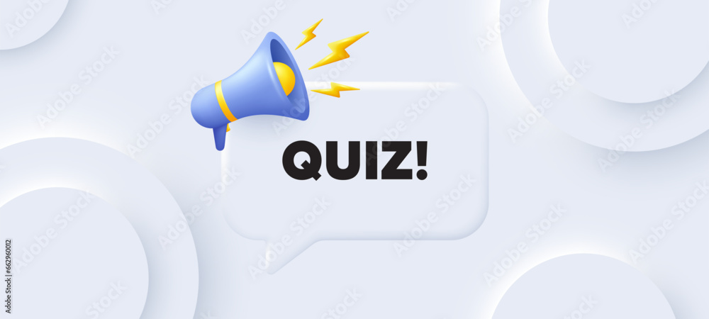 Poster quiz tag. neumorphic 3d background with speech bubble. answer question sign. examination test symbol