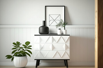 illustration. Modern wooden-accented black and white chest of drawers. Pale interior. Vase and fake frame atop the furniture. Rhombus ornament. Generative AI
