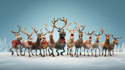 A whimsical arrangement of friendly reindeer forming a conga line all wearing festive holiday attire - obrazy, fototapety, plakaty