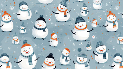 A repeating pattern of mischievous snowmen engaged in a snowball fight complete with exaggerated expressions