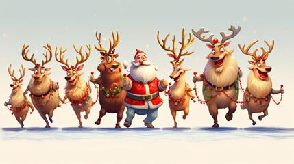 A whimsical arrangement of friendly reindeer forming a conga line all wearing festive holiday attire