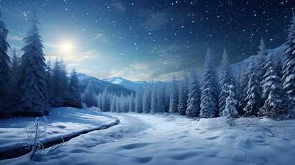 Fototapeta na wymiar Mystical Winter Forest Trail under Starry Skies