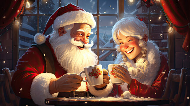 A joyful design featuring Santa Claus and Mrs. Claus sharing a comically oversized cup of hot cocoa
