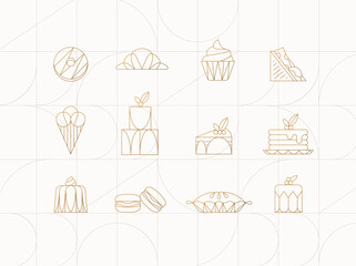 Dessert icons in art deco style donut, croissant, cupcake, sandwich, ice cream, cake, dessert, pancakes, macarons, pie jelly drawing on beige background - 662960417