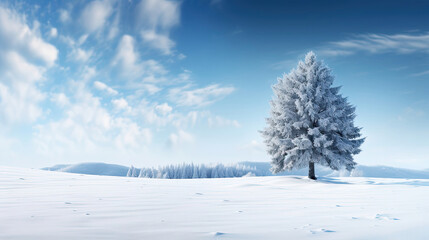 Fototapeta na wymiar Tranquil Snowy Meadow with Solitary Fir Tree Against Winter Landscape