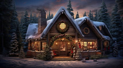 Winter Cabin in Pine Forest with Snowy Rooftop