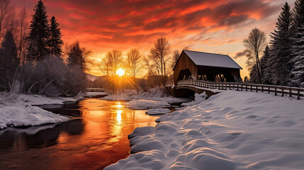 Snowy Bridge in the Evening Glow