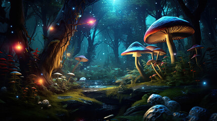 Christmas Forest with Glowing Mushrooms