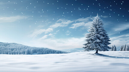 Fototapeta na wymiar Snowy Meadow with a Serene Fir Tree