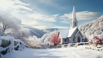 Winter Chapel on a Snowy Hillside