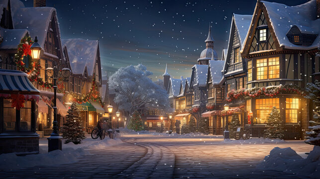 Snowy Village Square with Charming Cottages