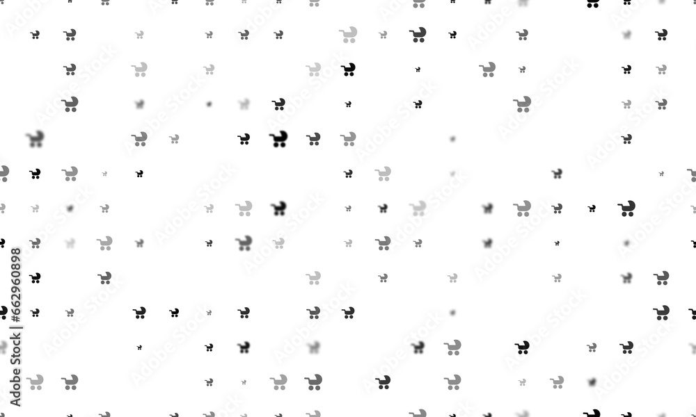 Poster seamless background pattern of evenly spaced black baby carriage symbols of different sizes and opac
