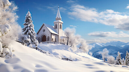 Fototapeta na wymiar Snowy Hillside Scene with Charming Chapel