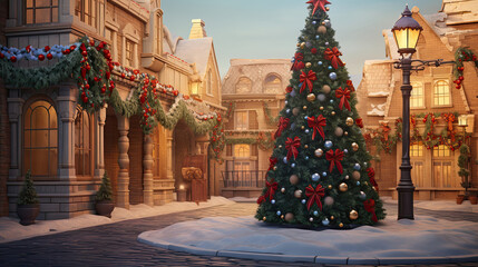 Quaint Village Square with Cobblestone Streets and Towering Christmas Tree