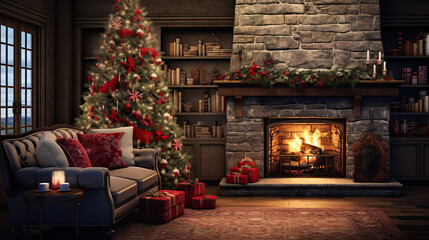 Festive Living Room with Fireplace and Tree