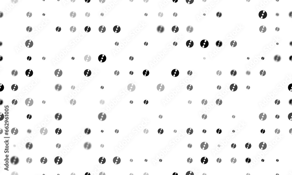 Poster seamless background pattern of evenly spaced black cd symbols of different sizes and opacity. illust