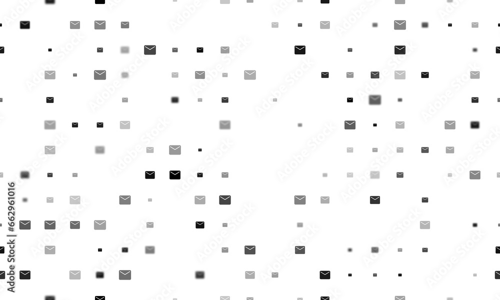 Poster seamless background pattern of evenly spaced black email symbols of different sizes and opacity. ill