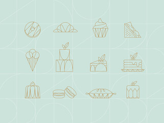 Dessert icons in art deco style donut, croissant, cupcake, sandwich, ice cream, cake, dessert, pancakes, macarons, pie jelly drawing on turquoise background